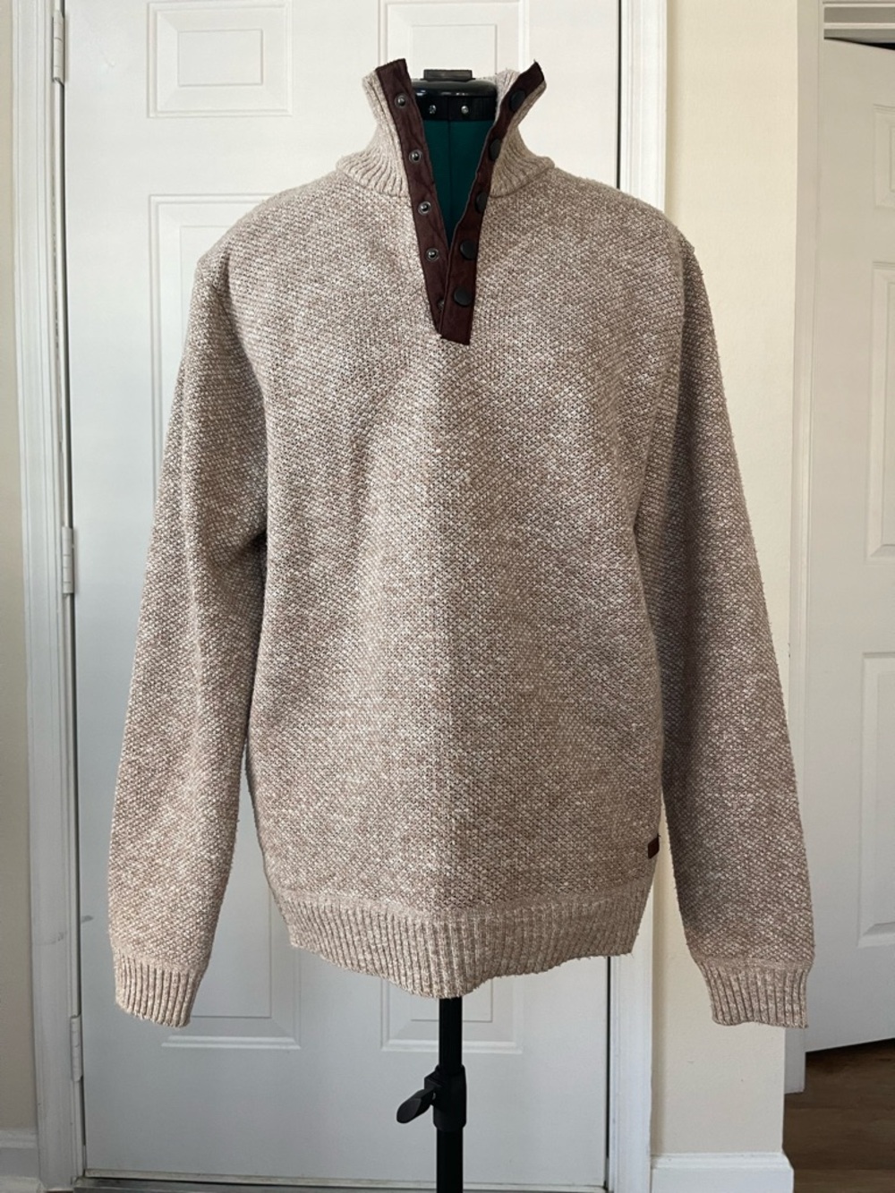Buffalo David Bitton Men's Heathered Cream Zip-Up Trim Sweater